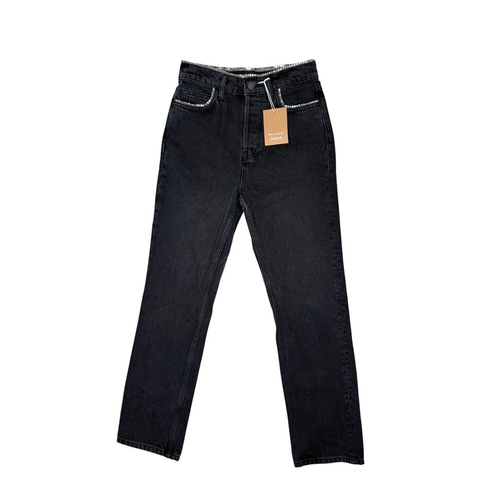 Reformation Jeans Denim Studded Stardust High Rise Straight Leg Black 25